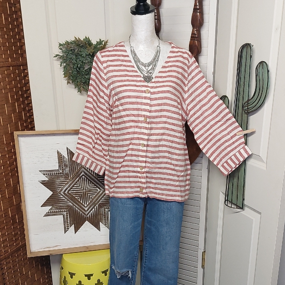 Rachel Zoe Nautical White and Red Linen Oversized Button Down Shirt Medium
